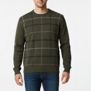 Oscar de la Renta Green Windowpane Crew Neck Sweater 100% Cotton Size XL